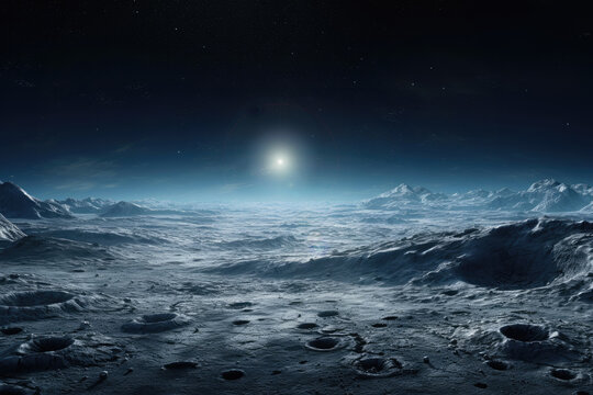 fantastic landscape of the outer planet, icy surface with craters and a distant small sun