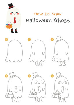 How to draw a Halloween ghost vector illustration. Draw a ghost with candy bucket step by step. Cute and easy drawing guide.