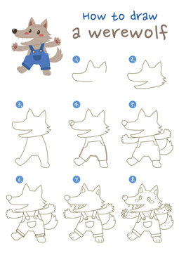 How to draw a werewolf vector illustration. Draw werewolf step by step. Cute and easy drawing guide.