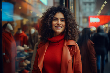 Obraz premium Generative AI picture Cheerful person shopaholic enjoy buying stuff clothes low prices store
