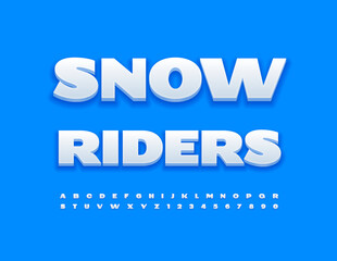Vector trendy logo Snow Riders. White 3D Font. Modern Alphabet Letters and Numbers set