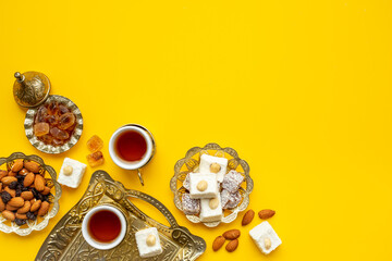 Traditional oriental tea with Turkish delight, top view