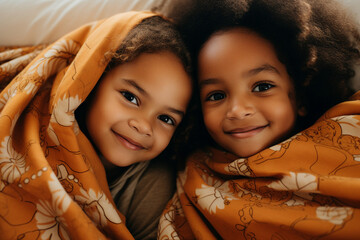 Funny cute two children wrapped in warm blanket enjoy spending time together Generative AI picture - obrazy, fototapety, plakaty
