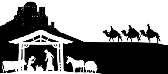 A Christmas nativity scene with baby Jesus in the manger, wise men and city of Bethlehem in the background