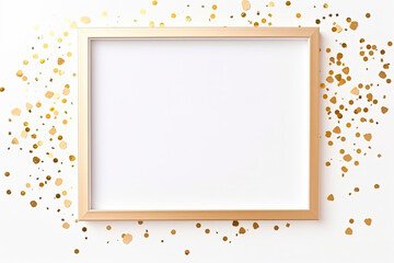 Photo frame mock up with space for text, golden confetti on white background