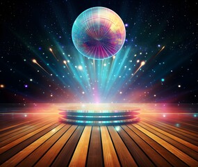 Dance floor and a round podium with cosmic disco ball for mockup on the background of a multicolored wall - obrazy, fototapety, plakaty