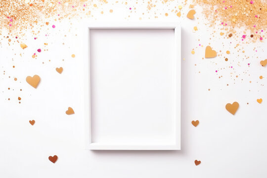 Photo frame mock up with space for text, golden confetti on white background
