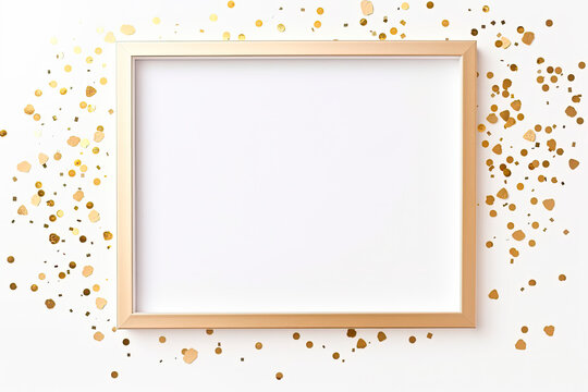 Photo frame mock up with space for text, golden confetti on white background