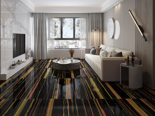 Modern living room with nature view, decorate room with elegant decor stuff, There are large window overlooking the surrounding nature and forest, television unit on white wall, beige sofa. 3D Render