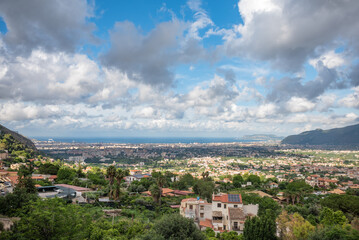 Fototapeta na wymiar Panoramic View Of The Gulf Of Palermo, In The South Of Italy, Taken From The Cathedral Of Monreale