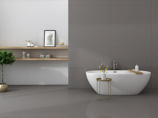 Interior of stylish bathroom with gray tile and white walls, concrete floor, white bathtub with carpet near window and double sink with mirrors on wooden countertop, wooden furniture. 3D Rendering