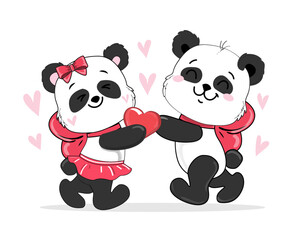 Two cartoon pandas with a heart on a white background. Valentines day card vector illustration. Doodle cartoon animals. Character design banner for baby