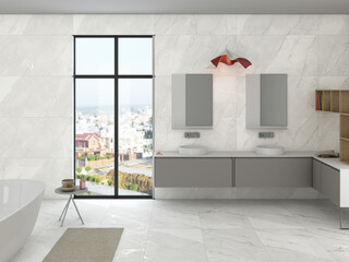 Comfortable bathroom with white marble walls, concrete floor with carpet, big window, comfortable white bathtub and double sink and mirrors. 3D Rendering