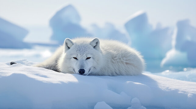 Arctic Fox Sleeping on the Pack Ice, Arctic Coast of Alaska. Arctic Fox curled up. generative ai