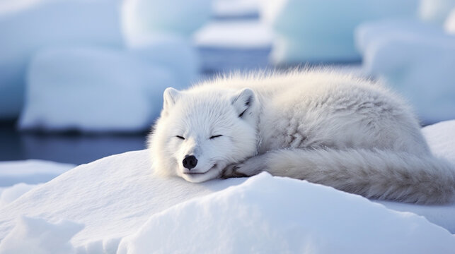 Arctic Fox Sleeping on the Pack Ice, Arctic Coast of Alaska. Arctic Fox curled up. generative ai