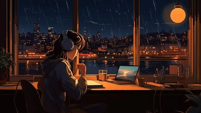 Cool Lofi girl playing laptop at her desk. Rainy or cloudy outside the window. Seamless looping video background animation. Generated with AI