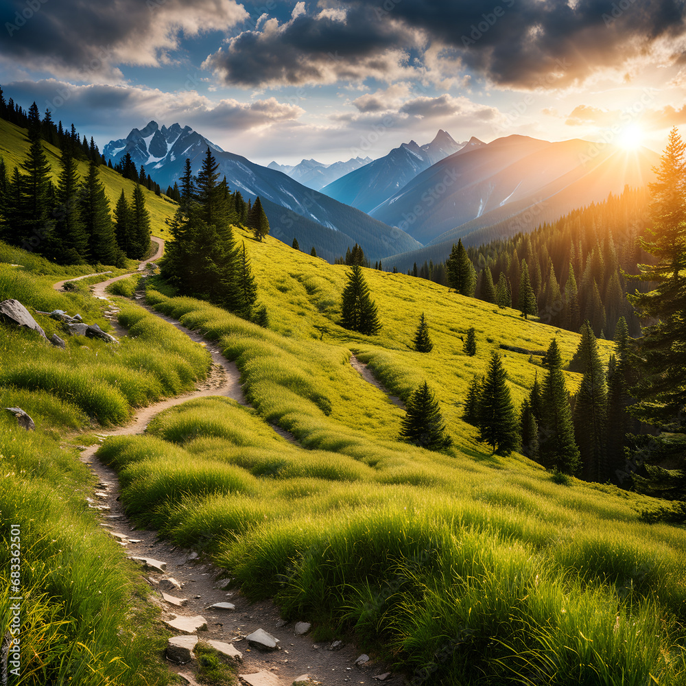 Poster hiking middle path in mountains