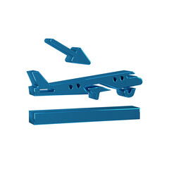 Blue Plane landing icon isolated on transparent background. Airplane transport symbol.