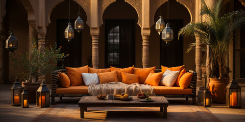 Interior design of Spacious modern Lounge area, Cozy Brown and Orange Sofa