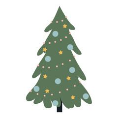 Vector Christmas tree isolated on transparent background in simple style. Beautiful Christmas tree with garland decorations, flat vector illustration.