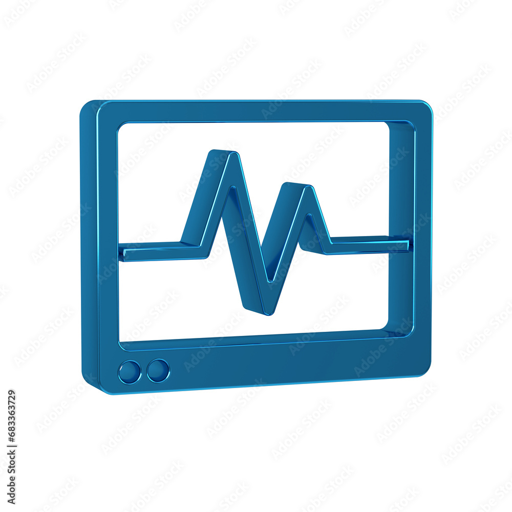 Sticker Blue Computer monitor with cardiogram icon isolated on transparent background. Monitoring icon. ECG monitor with heart beat hand drawn.