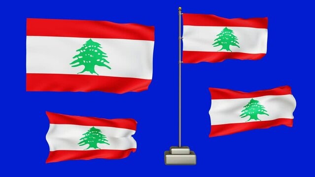 Lebanon flag waving in the wind on a blue background. Four lebanon flag 3d animation options. Country symbol
