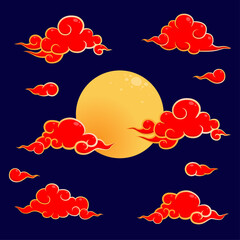 Red golden Sky moon chinese set Flat vector design