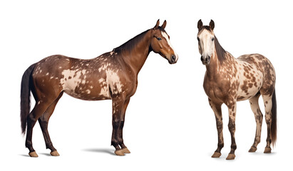 Two chestnut appaloosa horse, front and side view, isolated