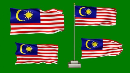 Malaysian flag waving in the wind on a green background. Four choices of Malaysian flag 3d animations. National Emblem Symbol