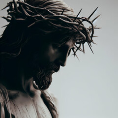 Close-Up Black White Religious Passion of Christian Messiah Jesus Christ with a Crown of Thorns. Reminder Of Sufferings to put away Sin. Godly Image of Savior of Mankind 5:2. Risen from Dead, Easter - obrazy, fototapety, plakaty