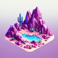 a low poly landscape with a pool and cactus