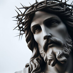 Close-Up Black White Religious Passion of Christian Messiah Jesus Christ with a Crown of Thorns. Reminder Of Sufferings to put away Sin. Godly Image of Savior of Mankind 5:2. Risen from Dead, Easter