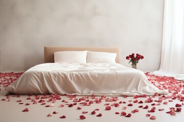 a bed with rose petals on the floor