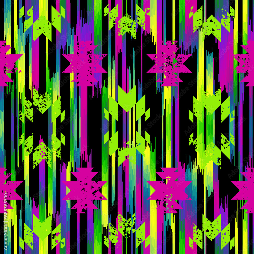 Poster Seamless striped pattern in Ikat style. Folk embroidery.. Aztec ikat style. Seamless vector image. Thin lines