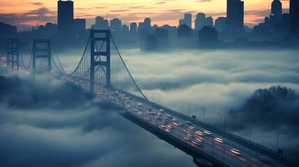 a bridge with cars on it and a city in the background - obrazy, fototapety, plakaty