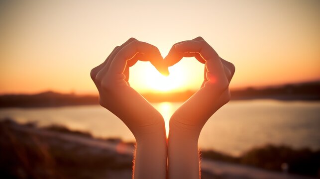 a pair of hands making a heart shape with the sun behind them