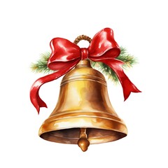 a gold bell with a red bow