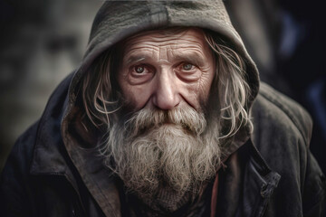 Poor beggar homeless man on a city street. The social problem of hunger and unemployment. AI generated.