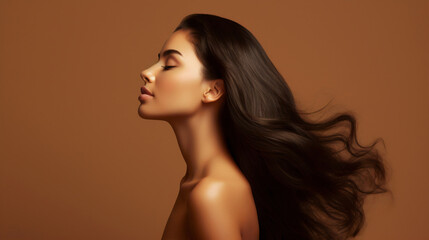Charming woman in profile, her long and silky hair is waving, lady with luxurious hair, smooth face skin. Skin and hair care concept. Beauty studio advertising. High quality photo. AI generated photo - obrazy, fototapety, plakaty