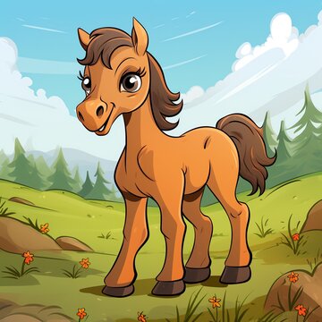 cartoon horse standing in a grassy field