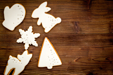 Obraz na płótnie Canvas White Christmas cookies pattern, top view. New Year decoration