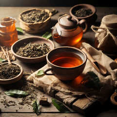 Cup of tea with tea herbs on a rustic table