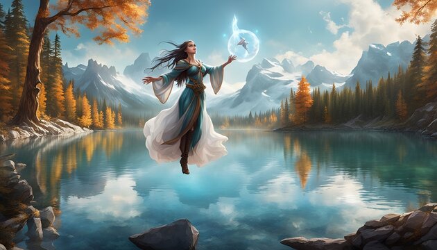 A sorceress levitating gracefully
