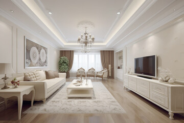European interior design of a living room in an apartment house, warm colors, white soft colors. AI Generative.