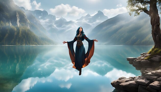 A sorceress levitating gracefully