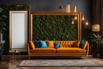 Beautiful background elevation of the sofa with decorative photo paint frame complete wall background in a modern, creative living room interior design concept house