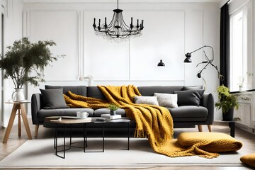 sofa with pillows and dark yellow blanket in bright living room interior with black chandelier