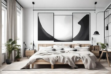 interior design of modern bedroom with big art poster frame.