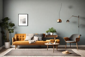 beautiful living room interior with grey empty wall