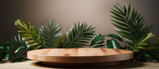 Minimal product presentation scene with a rustic wooden platform tropical leaf and a white background representing light and shadow